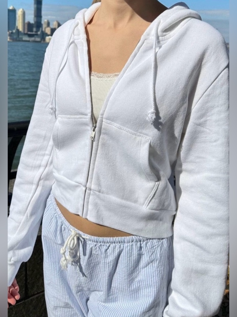 Brandy Melville Crystal White Cropped Zip Up Jacket, one size, like new!